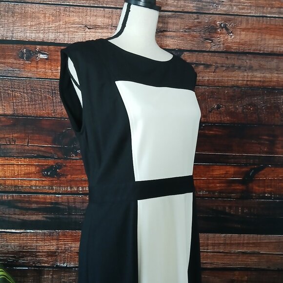 Ann Taylor LOFT Dress Size 10 Sheath Ponte Black White Color Block Zip Back - Picture 6 of 8